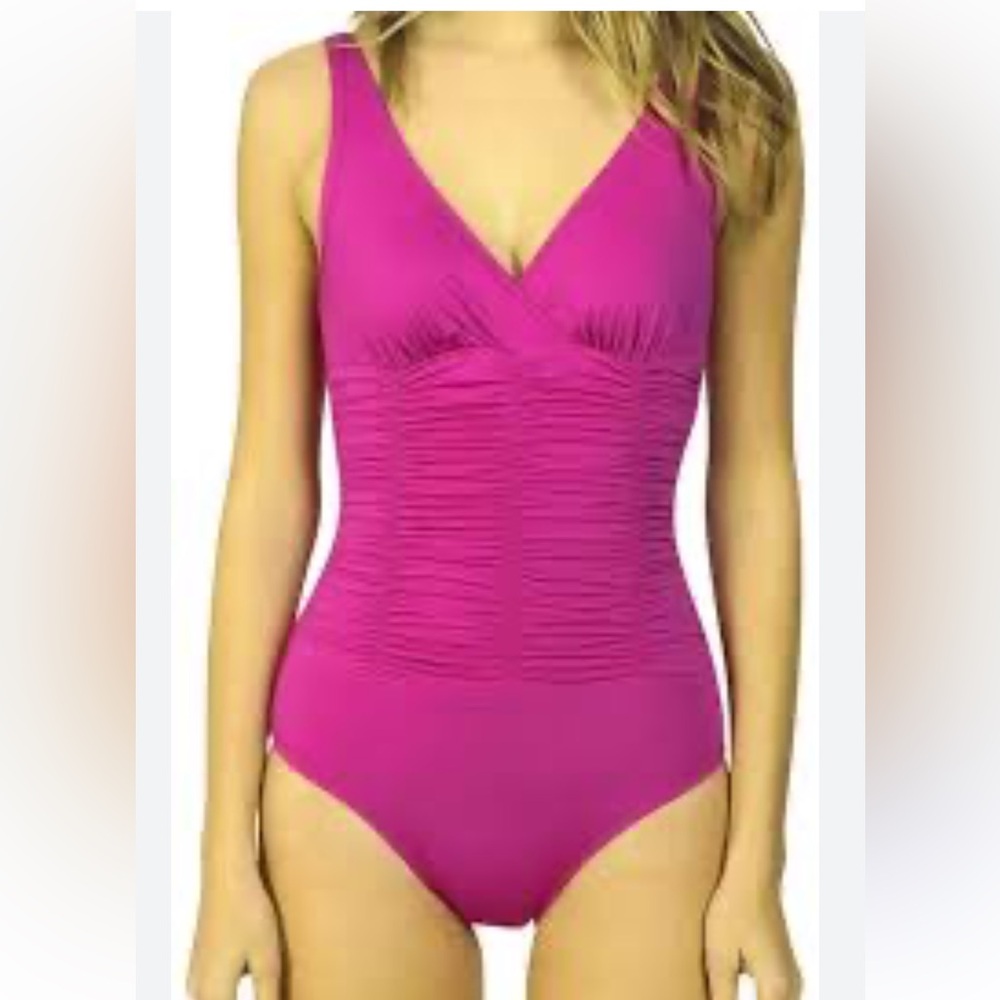 Badgley Mischka Swimsuit Sz 12 Orchid Smocked V-neck One Piece adjustable strap